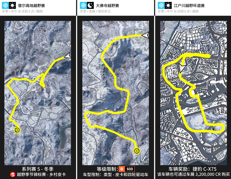 《极限竞速地平线6》S5冬季赛攻略:全赛事车辆推荐与调校代码插图2 地平线6乡村皮卡越野赛三张赛道图
