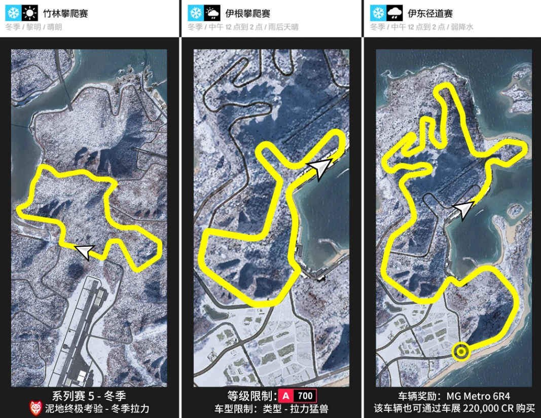 《极限竞速地平线6》S5冬季赛攻略:全赛事车辆推荐与调校代码插图1 地平线6冬季拉力三场攀爬赛赛道图