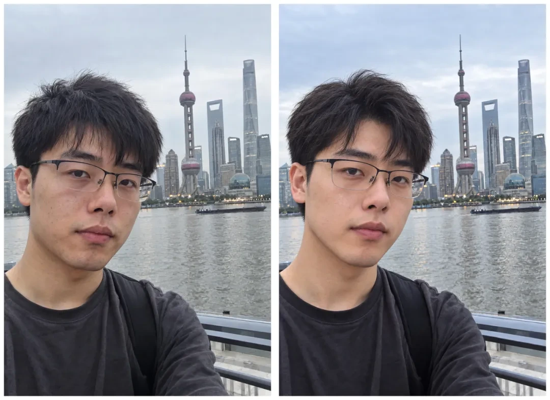 GPT-Image 2.5 假期出片指南:12个玩法拯救废片做出朋友圈大片插图3 AI人像精致度提升前后对比