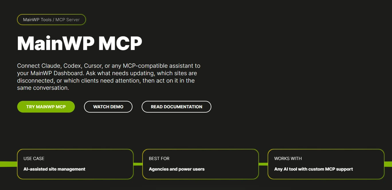 MainWP 推出 MCP Server:在 AI 助手里直接管理多个 WordPress 站点插图 MainWP MCP Server 管理界面