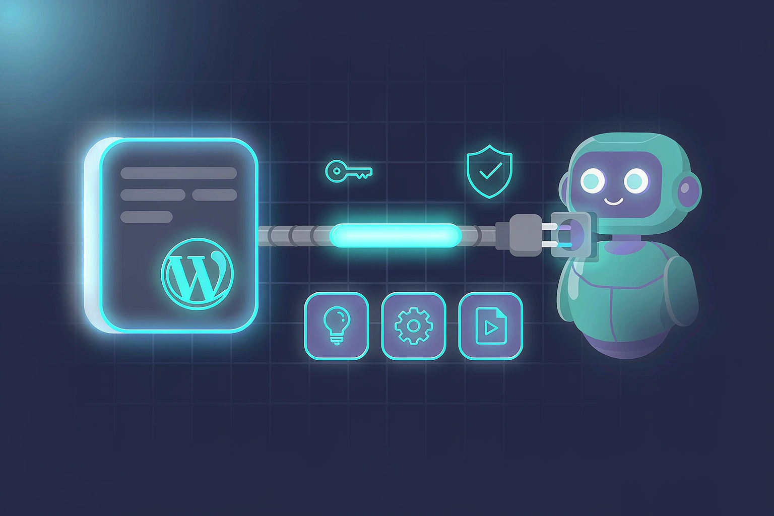 MCP Adapter装好却连不上?十分钟接线指南插图 WordPress站点与AI客户端通过MCP适配器连接示意插画