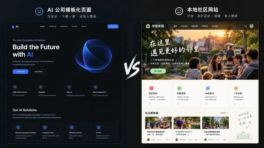 AI 模板化页面与有语境的社区网站设计对比