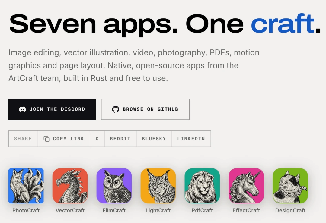 受够了 Adobe 订阅制?前 Square 工程师用 AI 连造 7 款开源替代品插图 ArtCraft 官网:Seven apps. One craft.
