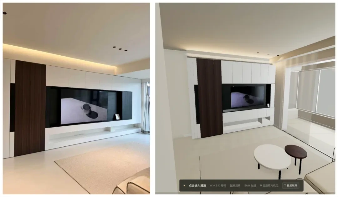 Kimi K3.1 Pro 实测:国产旗舰把 3D 建模和视频动效卷上新台阶插图3 实拍照片与 K3.1 Pro 生成的可漫游三维场景对比,右下角带 WASD 漫游操作提示