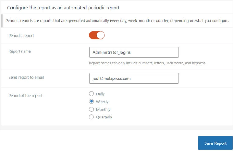 WP Activity Log报告模块:把操作日志变成审计报告插图1 WP Activity Log报告配置