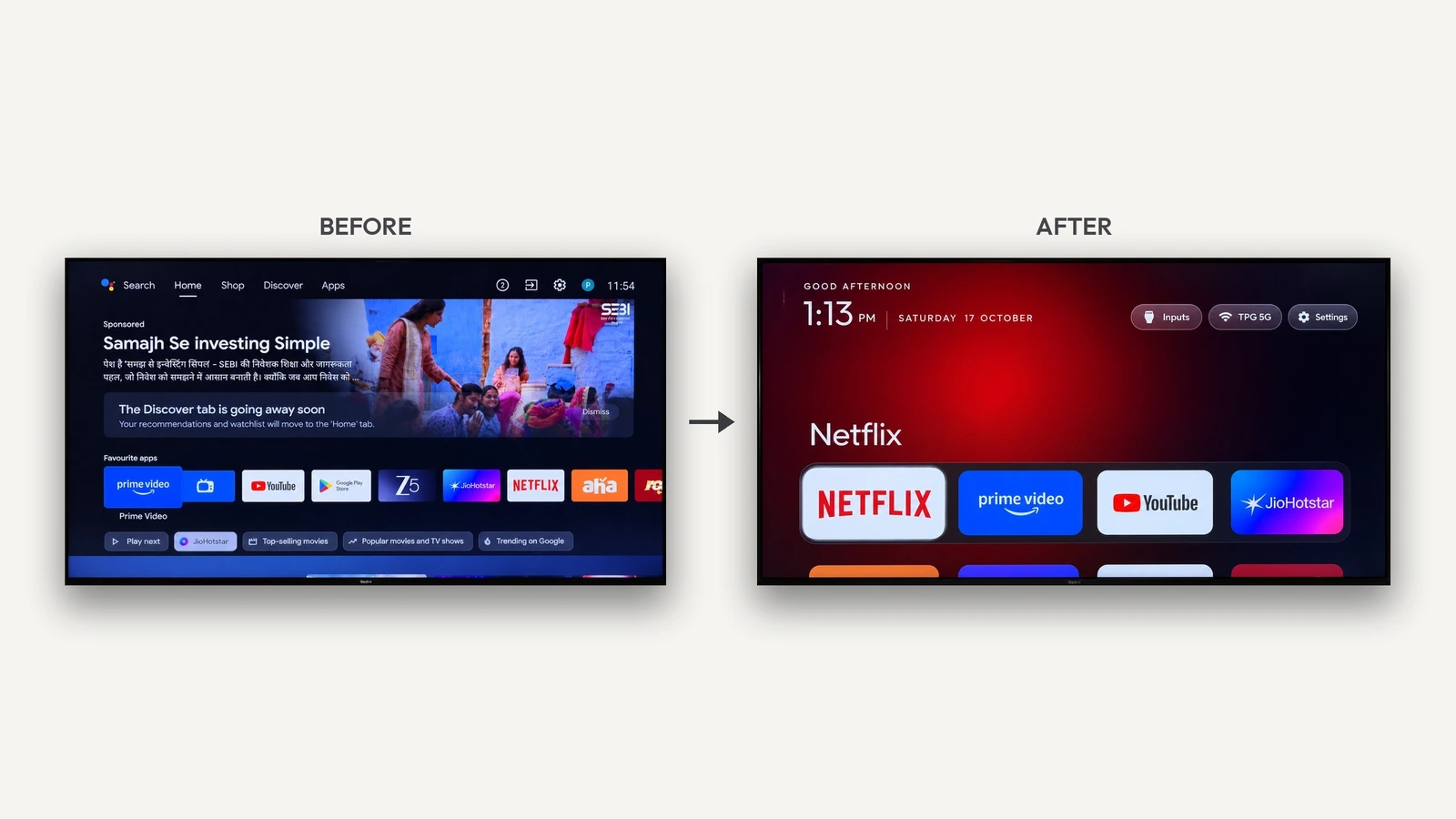 2GB 老电视被 Claude Code 救活:开源 CleanYourTV 清出九成可用内存插图 改造前后对比:左边是塞满广告和推荐的原生桌面,右边是简洁的新主屏