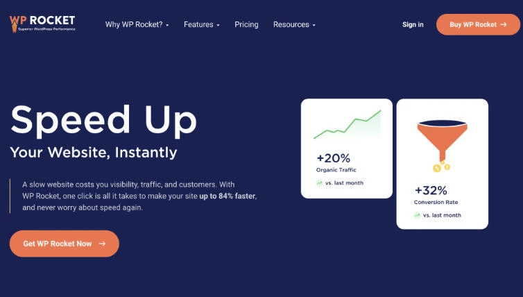 WordPress 加速插件实测对比:四款主流方案,按你的服务器对号入座插图1 WP Rocket 官网:主打一键加速,兼容环境广