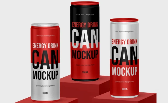 330ml易拉罐能量饮料罐提案效果图展示VI智能贴图样机