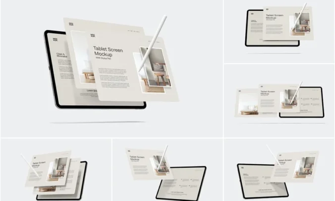 带手写笔的景观平板电脑屏幕模型样机 (PSD)