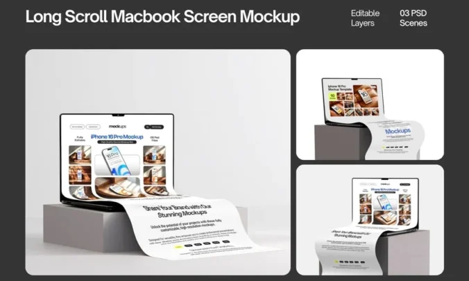 长卷轴扩展笔记本电脑屏幕模型集样机 (PSD)