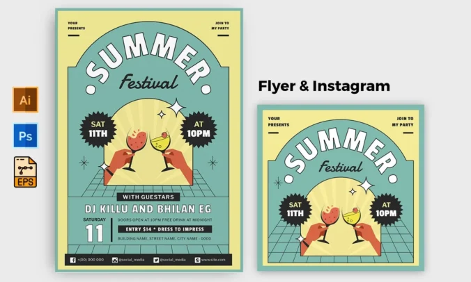 时尚高端复古风格的夏季矢量海报设计模板-AI, EPS, PSD