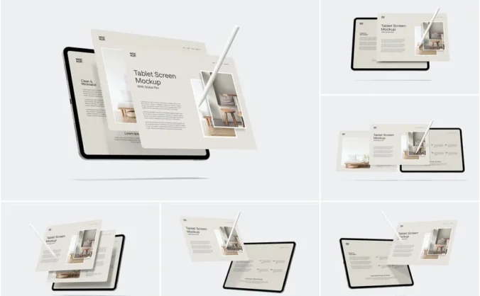 带手写笔的景观平板电脑屏幕模型样机 (PSD)