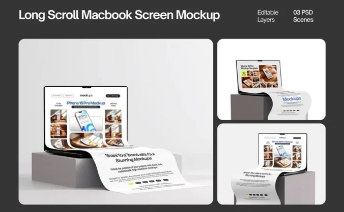 长卷轴扩展笔记本电脑屏幕模型集样机 (PSD)